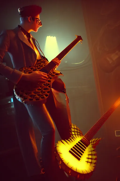 Image similar to a steampunk pineapple, playing electric guitar at a night club, focus on the musicians, cinematic lighting, exaggerated detailed, unreal engine, octane render, trending on artstation, art by greg rutkowski, 4 k