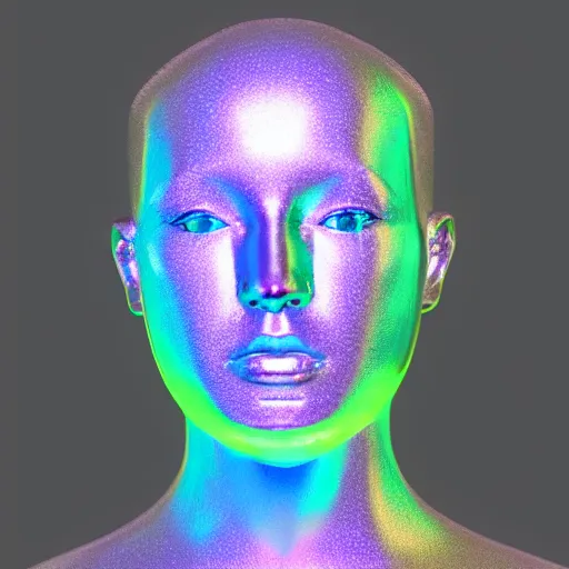 Image similar to 3d render of holographic human robotic head made of glossy iridescent, surrealistic 3d illustration of a human face non-binary, non binary model, 3d model human, cryengine, made of holographic texture, holographic material, holographic rainbow, concept of cyborg and artificial intelligence