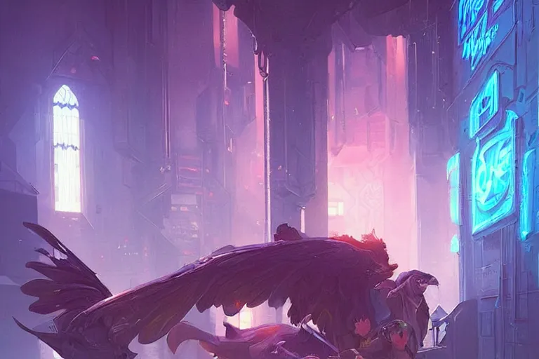 Image similar to Hogwarts cyberpunk, neon lighting, bird's-eye view, digital art from artstation by Ruan Jia and Mandy Jurgens and Artgerm and william-adolphe bouguereau and Greg Rutkowski and Wayne Barlowe