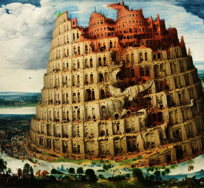 Image similar to the tower of babel after it collapses into rubble, hit by an explosion, by pieter breugel the elder