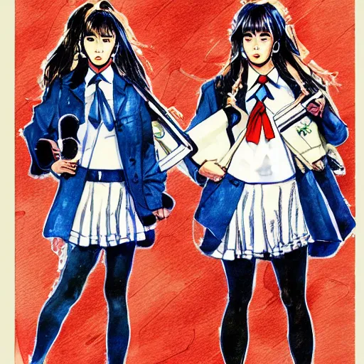 Image similar to a perfect, realistic professional digital sketch of two 80s Japanese schoolgirls posing, in style of Marvel and DC, full length, by pen and watercolor, by a professional American senior artist on ArtStation, a high-quality hollywood-style sketch, on high-quality paper
