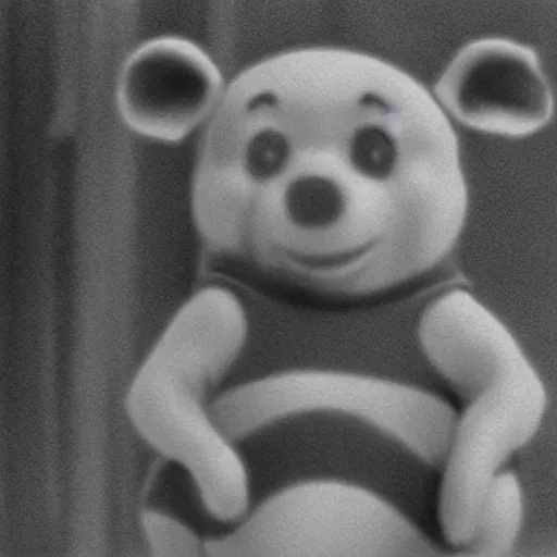 Prompt: found footage of winnie the pooh, creepy, black and white