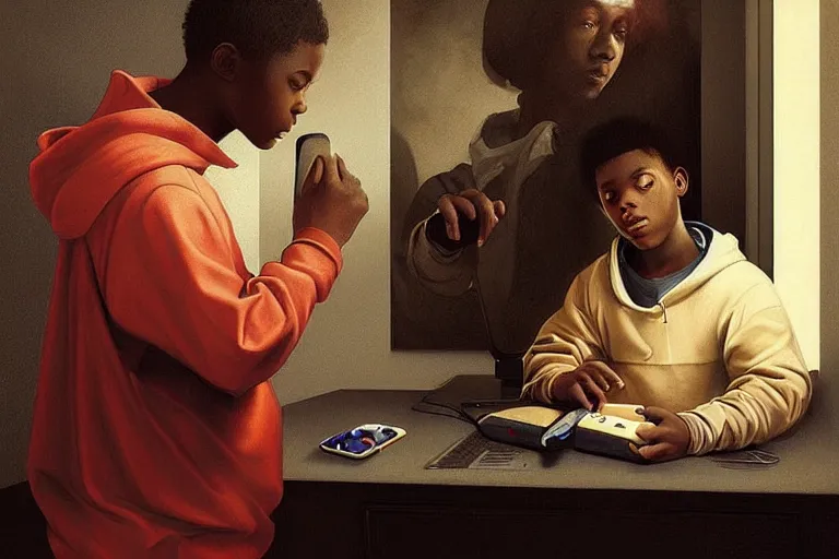 Prompt: black teen in a hoodie playing video games in his room with the reflection of the screen lighting his face, detailed digital renaissance painting by artgerm by caravaggio and face by wlop