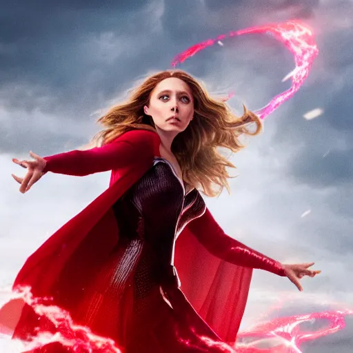 KREA - elizabeth olsen as the scarlet witch afloat in the air with red  eyes, red magic surrounds her, trending on artstation, 8 k quality,  cgsociety contest winner, artstation hd, artstation hq