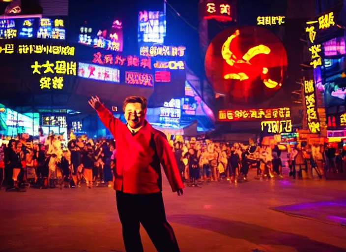 Image similar to xi jinping dancing, heroic shot, post apocalyptic, medieval times, cyber - punk, 7 0 s, wide shot, at night, neon lights