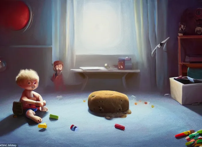 Image similar to lonely toddler elon musk sitting on a shaggy rug playing with his little rockets, bedroom, realistic painting, beautiful soft lighting, istvan sandorfi