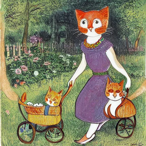 Prompt: a mother cat pushing her baby in a stroller in a park by louis wain