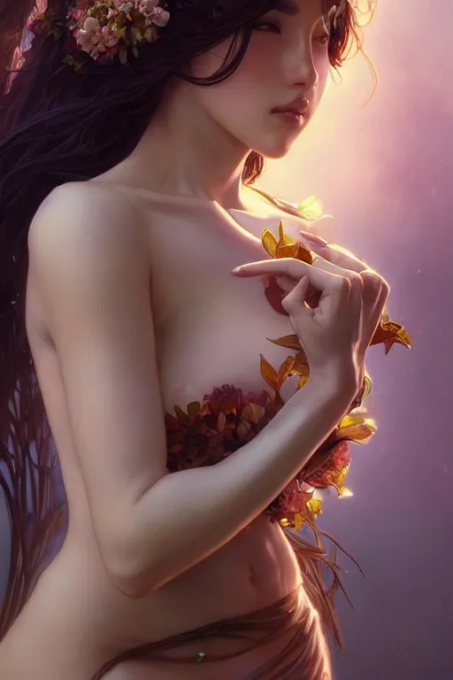 Image similar to a seductive nature goddess with perfect hands and glowing skin in the style of artgerm, wlop, greg rutkowski, alphonse mucha and ayami kojima, realistic details, volumetric lighting, very very very very beautiful symmetrical face, trending on artstation, artstationhd, artstationhq, unreal engine, 4 k, 8 k