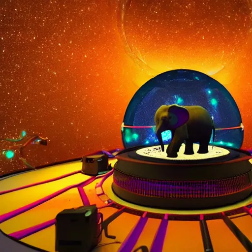 Prompt: a hyperrealistic 3D octane render of an elephant wearing virtual reality goggles playing a synthesizer inside of a geodesic dome planetarium with planets and galaxies, trending on artstation, 8k, 4K, dramatic lighting, glowing, volumetric lighting, ray tracing, unreal engine