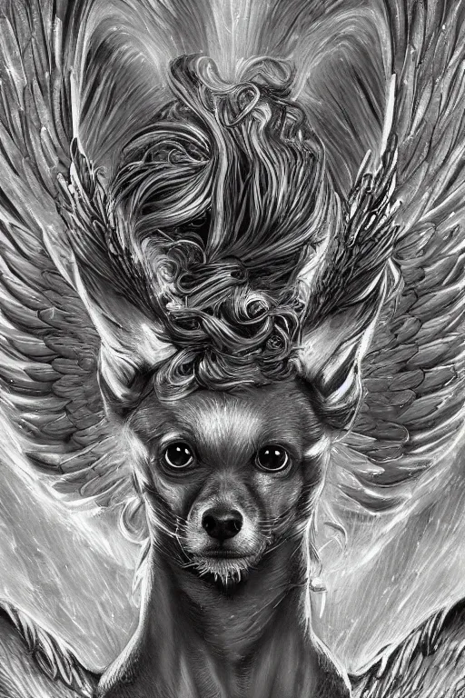 Image similar to God with a Chihuahua's head, a radiant halo and wings, detailed face, gorgeous, flowing hair, very muscular male body, partial anatomy, stormy and grand war scene, delicate and intricate borders for decoration, caesar victorious, proud Emperor, split lighting, character close-up, intricate, highly detailed, 8K, digital painting, fantasy, concept art, sharp focus, art by greg rutkowski beeple and alphonse mucha