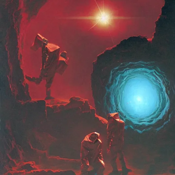 Image similar to two scientists wearing red rick owens hazmat suits in a glowing geometric nebula wormhole tunnel by frank frazetta