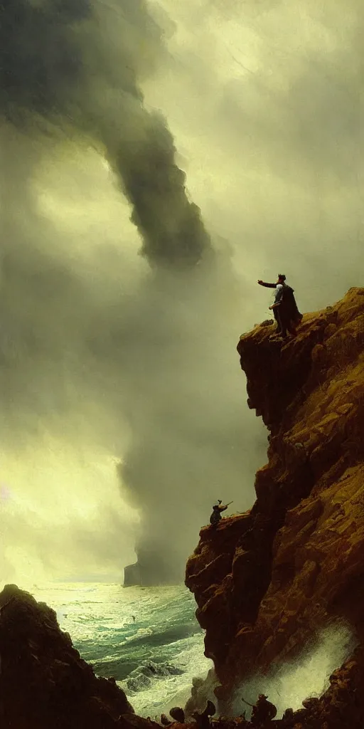 Image similar to a big cliff at the middle of the day in 1 9 4 0, stormy sea, a men stand up at the edge of the precipice, steam punk, mystical yellow fog, oil on canvas, art by andreas achenbach, clemens ascher, tom bagshaw and sabbas apterus,