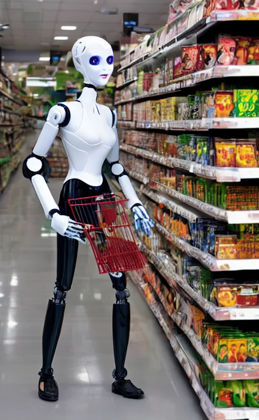 Image similar to photo of a robot-woman shopping for groceries in casual clothing in the style of Hajime Sorayama