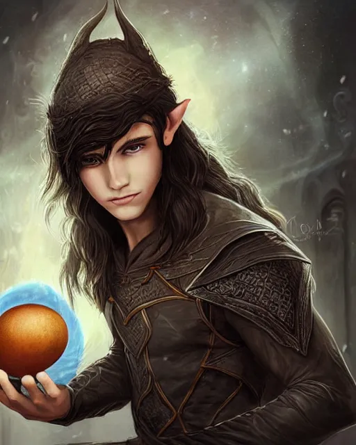 Image similar to portrait of elven teenage boy mage with long black hair holding dragon egg by artgerm modern fantasy 4 k ultra high resolution