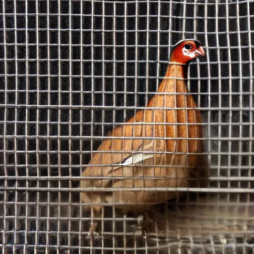 Prompt: a picture of a partridge inside of a mesh strainer
