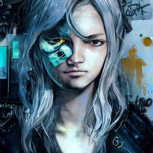 Prompt: highly detailed portrait of a moody post-cyberpunk young lady with a wavy blonde hair, by Dustin Nguyen, Akihiko Yoshida, Greg Tocchini, Greg Rutkowski, Cliff Chiang, 4k resolution, nier inspired, graffiti inspired, resident evil inspired, vibrant but dreary but upflifting silver, opal, gold, black and white color scheme!!! ((Graffiti tag brick wall background))