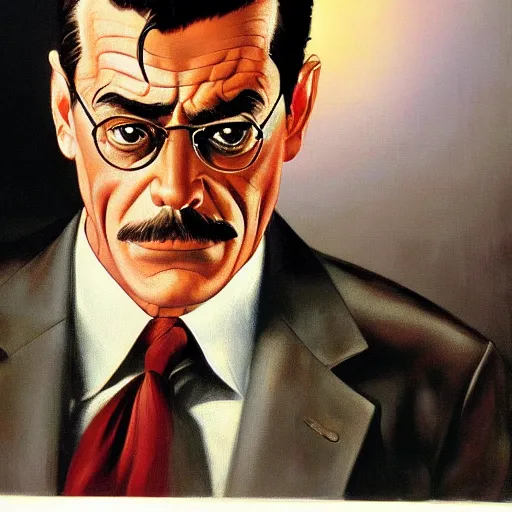 Image similar to ultra realistic portrait painting of john jonah jameson jr, art by frank frazetta, 4 k, ultra realistic, highly detailed, epic lighting