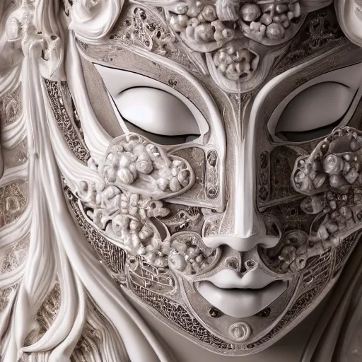 Prompt: highly detailed photography of a woman wearing venetian woman mask, sculpted in white opalescent marble, with lots of thin ornaments, disolving with a luminous background, curves and chaotic fractal art inlays, intricate, 8 k, white box, cinematic light, high aperture, background atmospheric effects