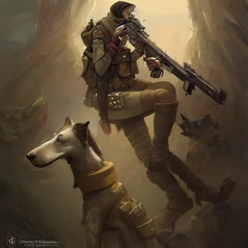 Image similar to anthropomorphic Borzoi wippet Sniper, Modern Sniper outfit, cute and adorable, pretty, beautiful, DnD character art portrait, matte fantasy painting, DeviantArt Artstation, by Jason Felix by Steve Argyle by Tyler Jacobson by Peter Mohrbacher, cinema