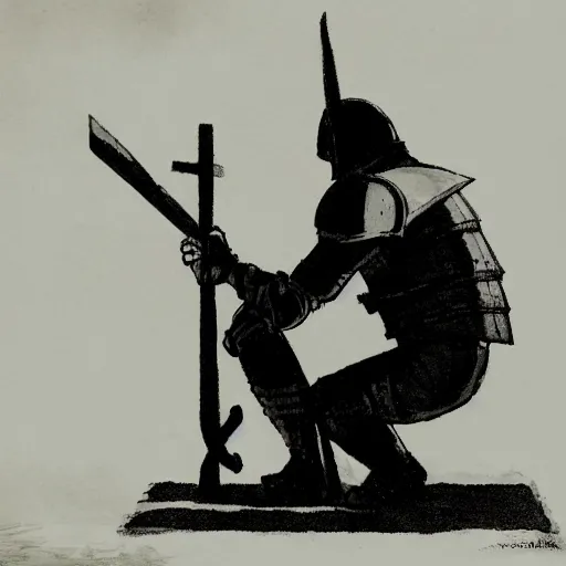 Image similar to A pale young man stands kneeling inside a prison cell. Clad in shining armor he kneels and prays to a God others would have long abandoned. Sunshine lightly grazes his cheeks as he prays, his broken spear used as a cross to focus on. The knight's expression is sad, pensive, but resolute, decisive and stubborn.