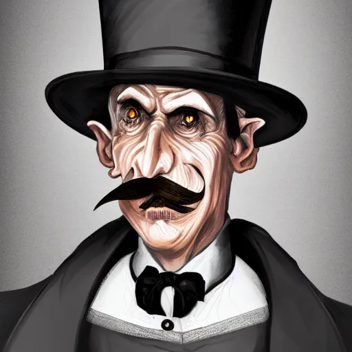 Prompt: a cartoonishly evil goblin, supervillain, top hat and luxurious moustache, portrait, d & d character portrait, victorian clothing, digital art, 8 k,