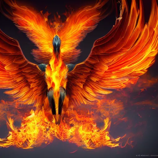 Prompt: photo of a phoenix with spreaded wings, ultra realistic details, fire and flames, 8k