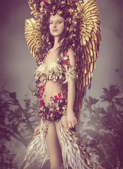 Image similar to full body environmental portrait photo of a female model as angel, ornate headpiece made from flowers, ornaments, glamour shot by gemmy woud - binnendijk, chris knight, photorealistic, canon r 3, fashion photography, ornate, symmetrical features, octane render, unreal engine, solid dark background, clamp shell lighting, rim lighting