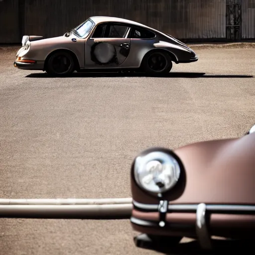 Prompt: nuclear themed ratrod car in the frame of a porsche 9 1 1. rusted, mechanical ad photoshoot. 8 k ratrod