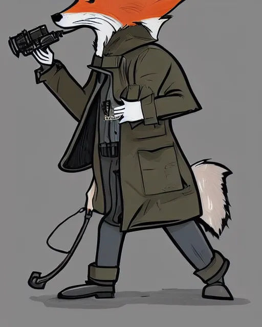 Image similar to a fox wearing a black trench - coat holding a mini - gun, comic art style, digital art,