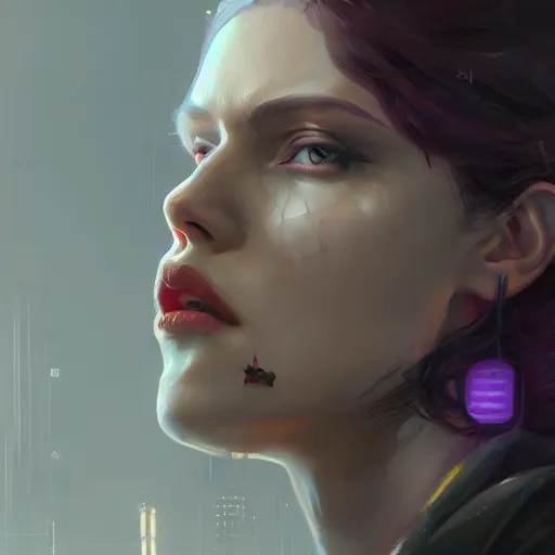Image similar to very detailed masterpiece painting of a very beautiful caucasian young cyberpunk woman with dark purple hair, portrait, artstation, concept art by greg rutkowski