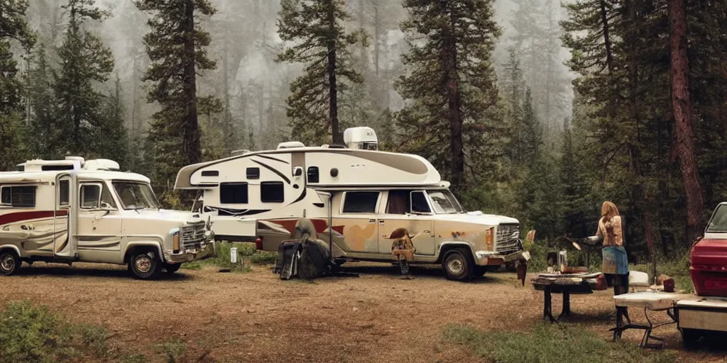 Image similar to Camping RV's in America by Wes Anderson, fantasy, imagination, cinematic