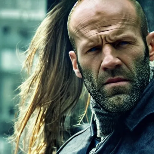 Image similar to an film still of jason statham with long white hair and long beard, cinematic, dramatic action