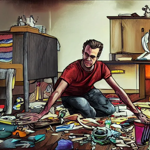 Image similar to painting of jordan peterson cleaning his messy room in the style of award winning artstation