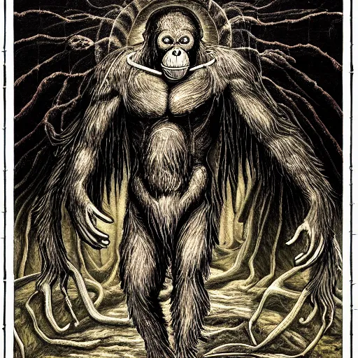 Image similar to orangutan descending from heaven, in the style of deathspell omega's fas album cover, illustration, detailed