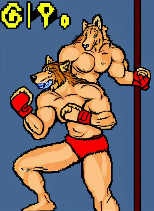 Image similar to extreme long shot. 8 bit nes graphics. antropomorphic muscular masculine wolf. kickboxer, in shorts. wolf head. furr on body.