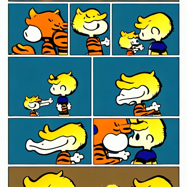 Prompt: epic professional digital calin and hobbes comic drawn by charles schultz, best on artstation, breathtaking, epic, stunning, gorgeous, much detail, much wow, cgsociety, wlop, pixiv, behance, deviantart, masterpiece