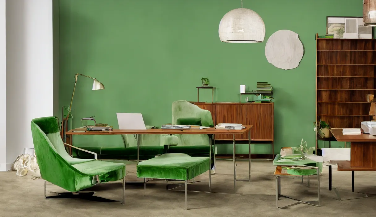 Image similar to a still of severance series indoor 7 0 s green velvet and wood with metal furniture office scenario appearing as a 7 0 s prisunic catalog, in color