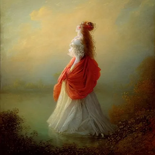 Prompt: a stunning painting of a beautiful lady with white long hair and dressed with a red victorian cloak, standing in a lake, mist, morning light, dreamy atmosphere, cinematic, style of Jean-Honoré Fragonard