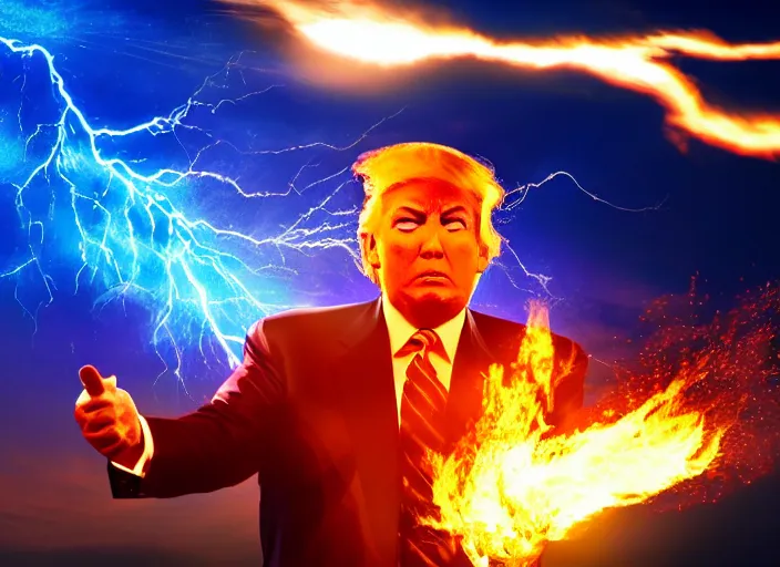 Prompt: burning donald trump as the avatar casting fireballs, colorful hd picure, lightning in the background