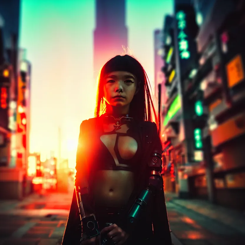 Image similar to a photo close up cyberpunk cyborg girl stands in a cyberpunk hiroshima, prefecture streets, sunset, photorealistic, cinematic lighting, very detailed, style by tomino - sama