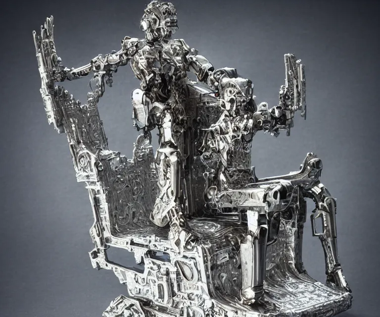 Prompt: translucent cyborg, metal throne, futuristic castle, fantasy sci - fi, sharp lines, metallic, 7 0 mm focus