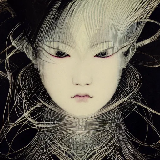 Prompt: yoshitaka amano blurred and dreamy illustration of a japanese woman with black eyes, wavy white hair fluttering in the wind wearing elden ring armor with engraving, abstract patterns in the background, noisy film grain effect, highly detailed, renaissance oil painting, weird portrait angle, blurred lost edges, three quarter view