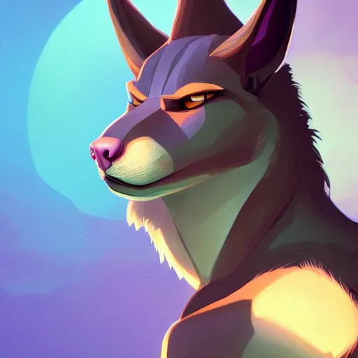 Prompt: portrait of anubis, an antropomorphic creature with coyote face, dark hair, mattepainting concept blizzard pixar maya engine on cold night stylized background splash comics global illumination lighting artstation lois van baarle, ilya kuvshinov, rossdraws