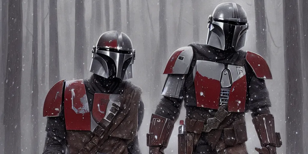 Prompt: a mandalorian with a red and grey helmet facing a long dark haired jedi man, from side view close up, in a snowy forest setting, hard edges concept art, highly detailed, great cinematic lighting, depth of field, art by greg rutkowski, trending on artstation