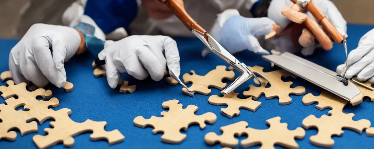 Image similar to a surgeon using a scalpel on a jigsaw puzzle on a table