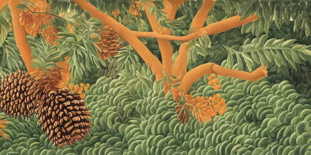 Image similar to a beautiful illustration of a cape covered with pinecone scales, by henri Rousseau, 8k, 4k