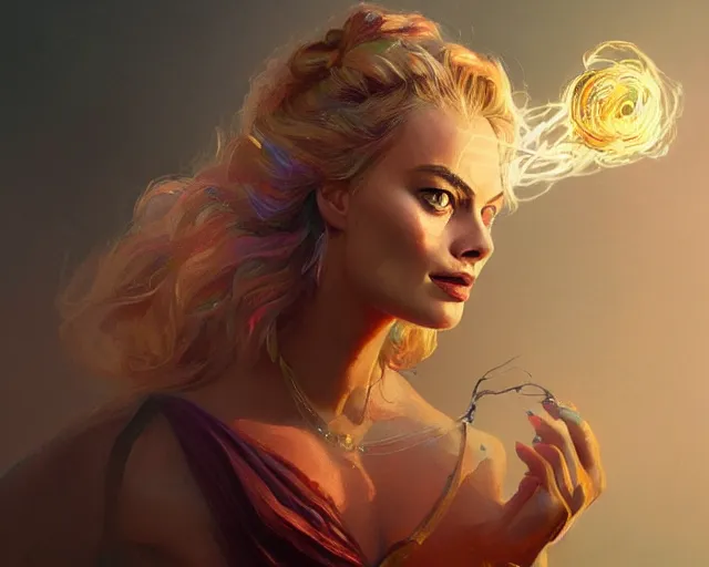 Image similar to margot robbie as a beautiful magician casting colorful spells, fantasy art, in the style of greg rutkowski, illustration, epic art, fantasy, intricate, elgant, amazing detail, digital painting, artstation, concept art, smooth, sharp focus