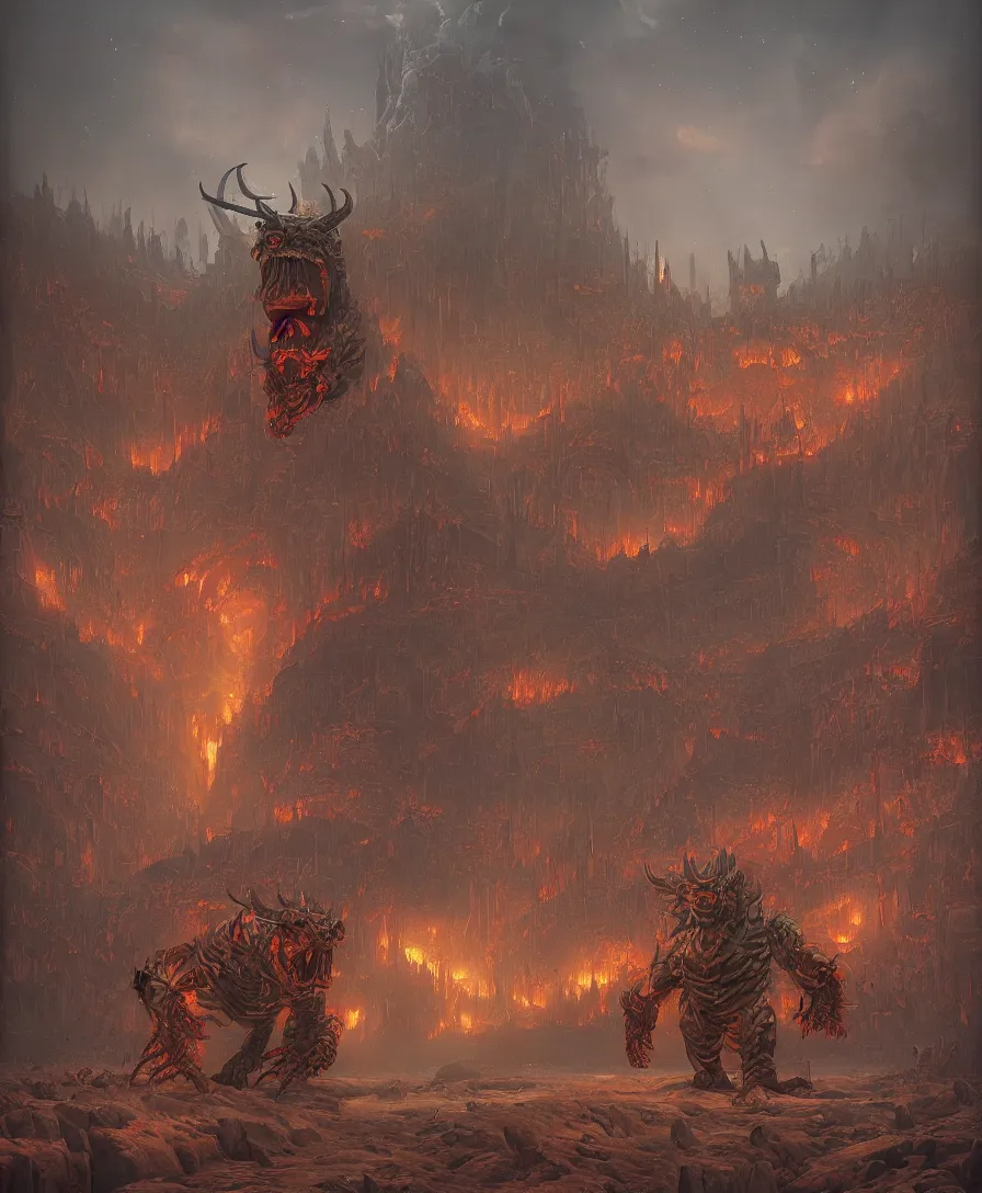 Prompt: giant hangry devil with arms open in tribunal in judgement day, illustrated by Simon Stålenhag and Gaston Bussiere, intricate, ultra detailed, photorealistic, trending on artstation