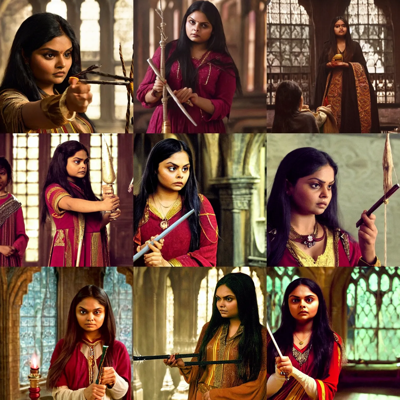 Prompt: Ahshan Azad/Padma Patil holding the elder wand, in the Gryffindor common room, film still from Harry Potter and the Goblet of Fire