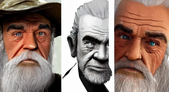 Image similar to sean connery as gandalf, award winning character art, by various concept artists, hyperrealistic face, photorealistic render